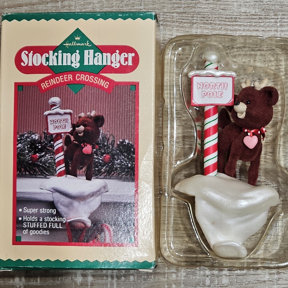 Vintage Hallmark Christmas Stocking Hanger Reindeer Crossing w/ Box